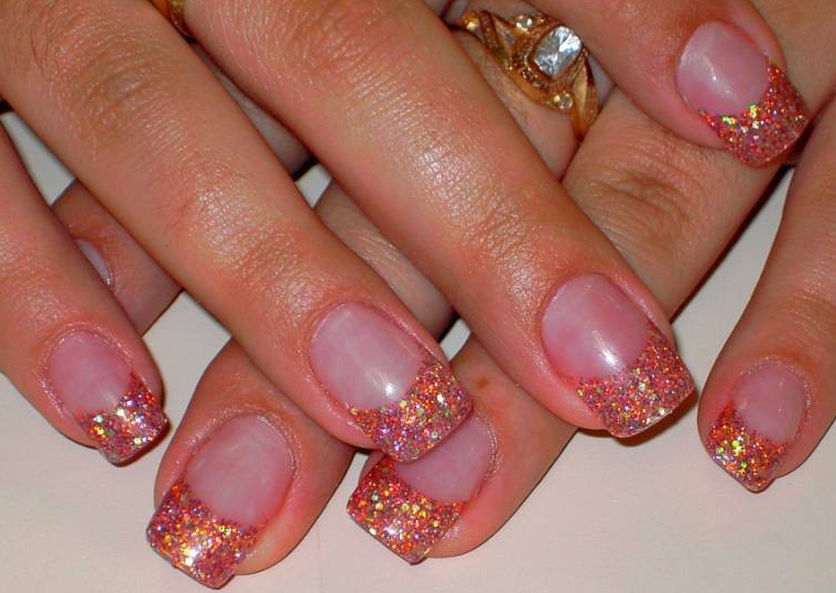 pink glitter nail design stiletto